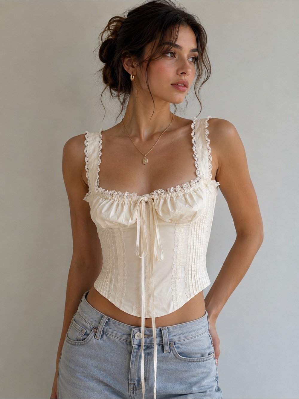 LINJIA-White  Lace-Trim Corset Top Large